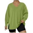 thumbnail image 1 of Plus Size Casual Sweatshirts for Women Spring Fall V Neck Tops Side Split Hem Long Sleeve Loose Pullover Tshirts (XL, Green), 1 of 4