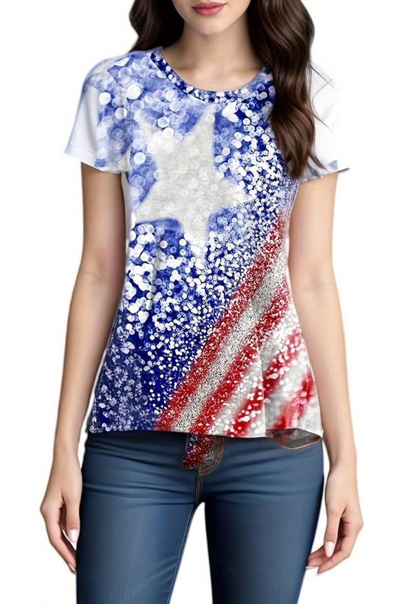 Plus Size Casual T-Shirt Ladies Star Fashion Print Medium Length Short Sleeve top