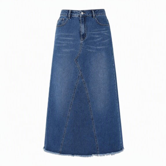 Plus Size Casual Washed Frayed Hem Long Denim Skirt For Daily Holiday Wear