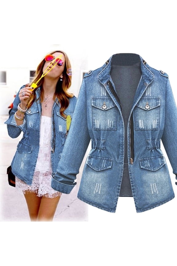 Plus Size Casual Women's Ladies Denim Oversize Jeans Chain Jacket Pocket Coat with Distressed Design, in Size XXXXL