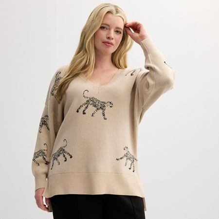 Plus Size Catherine Malandrino Long Sleeve Pullover Sweater Color: Leopard Size: 1X