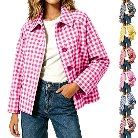 Plus Size Checkered Jackets for Women Lightweight Turn-Down Collar Casual Loose Long Sleeve Short Side Pocket Coat Top