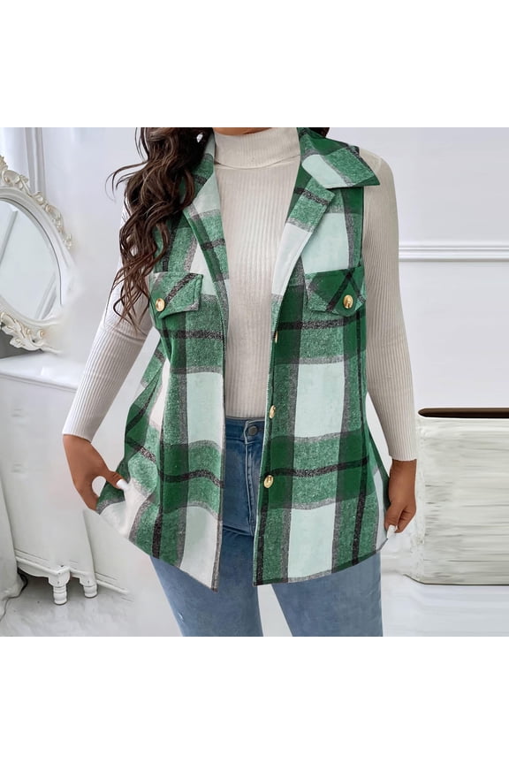 Plus Size Checkered Vests for Women Sleeveless Shacket Vintage Plaid Jacket Lightweight Cardigans with Collar