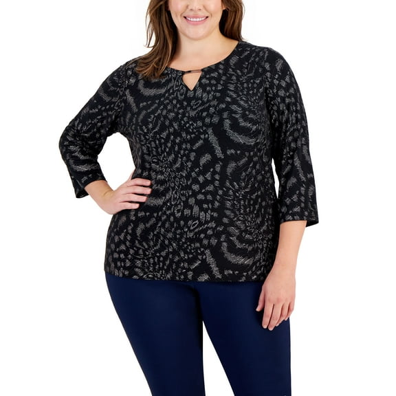 Plus Size Cheetah Glitter Keyhole Top Deep Black Combo 1X