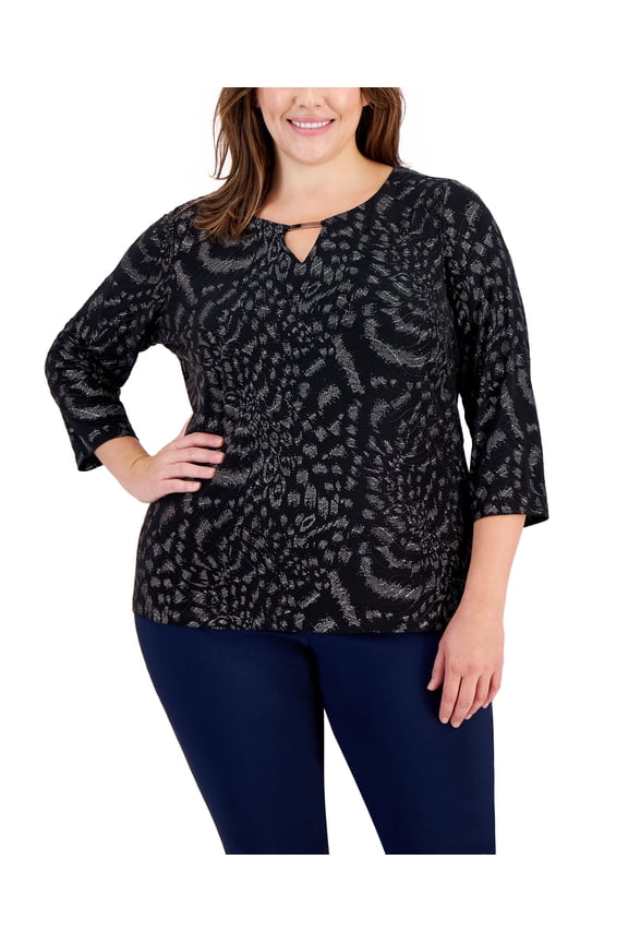 Plus Size Cheetah Glitter Keyhole Top Deep Black Combo 1X