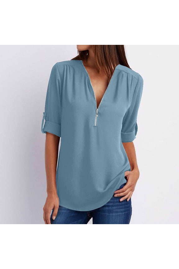 Plus Size Chiffon Blouses for Women Dressy Half Zip Up V-Neck Rolled Sleeve Office Teacher Tunic Top S-5XL