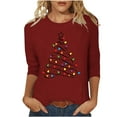 thumbnail image 1 of Plus Size Christmas Clothes Womens 3/4 Sleeve Crew Neck Tops Xmas Tree Light String Printed Holiday Tee Tshirts (3XL, Wine), 1 of 4