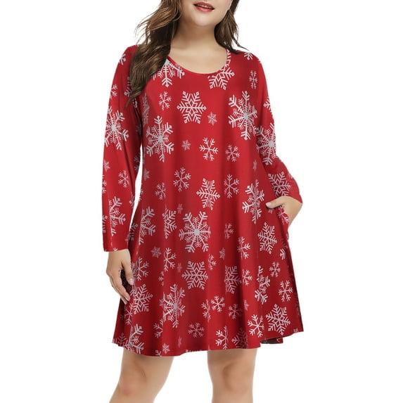 Plus Size Christmas Dresses 3X for Women, VEPKUL Crew Neck T Shirt Dress Long Sleeve Casual Loose Swing Fall Dress with Pockets