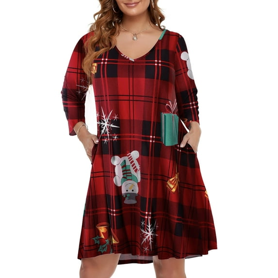 VEPKUL V Neck Plus Size Dresses 3/4 Sleeve Casual Loose Swing Fall Dress with Pockets Flower46_3X