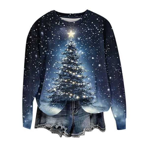 Plus Size Christmas Outfits Womens Xmas Tree Printed Sweatshirt Crewneck Long Sleeve Loose Tops Festive Clothes (4XL, Blue)