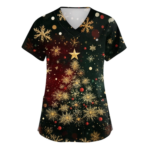 Plus Size Christmas Scrub Tops Women,Christmas Scrub Tops Women Plus Size Nursing Uniforms V-Neck Short Sleeve Fun Printed Scrubs Top With Pockets,Dark Green,S