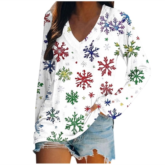 Plus Size Christmas Shirt for Women long Sleeve V Neck Floral Print Pullover Tunic Tops Multicolor 4XL