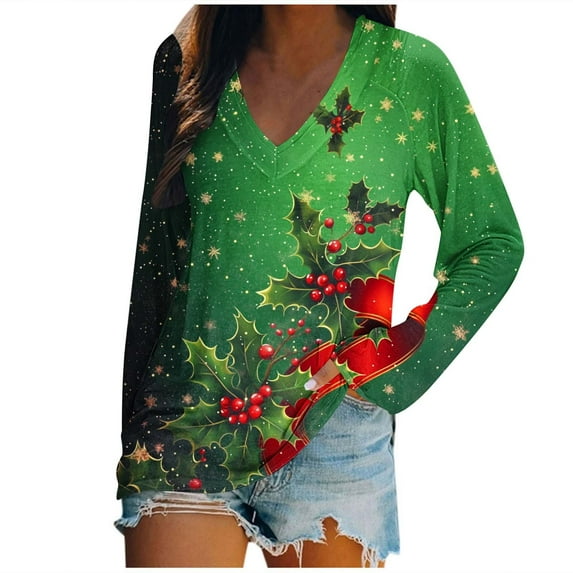 Plus Size Christmas Shirt for Women long Sleeve V Neck Floral Print Pullover Tunic Tops Multicolor-8 5XL