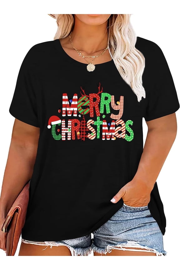 Plus-Size Christmas Shirts Women Merry Christmas Leopard Plaid Tree Print Shirt Holiday Tops Xmas Tee