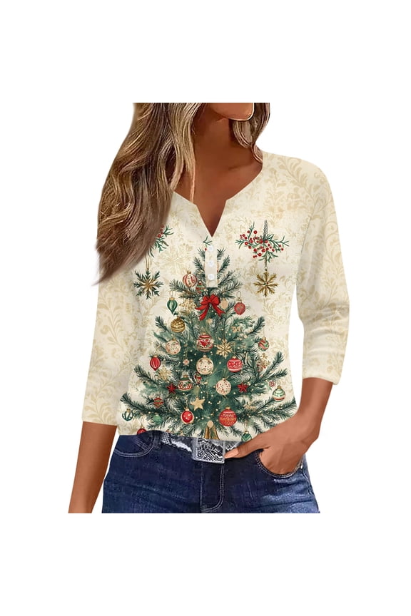 Plus Size Christmas Shirts for Women V Neck T Shirts 3/4 Sleeve Xmas Tree Snowflake Print Henley Tshirt Dressy Casual Blouse Plus Size Tops Quarter Sleeve Tunic Tops