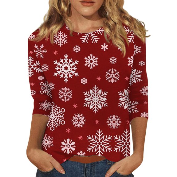 Plus Size Christmas Shirts for Women 3/4 Sleeve Christmas T Shirts Party Tops Cute Xmas Printed Plus Size Trendy Christmas Costumes Gifts
