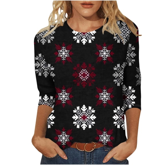 Plus Size Christmas Shirts for Women Crew Neck 3/4 Sleeve Tops Xmas Printed Festive Holiday Tee Tshirts Loose Fit (S, Black)