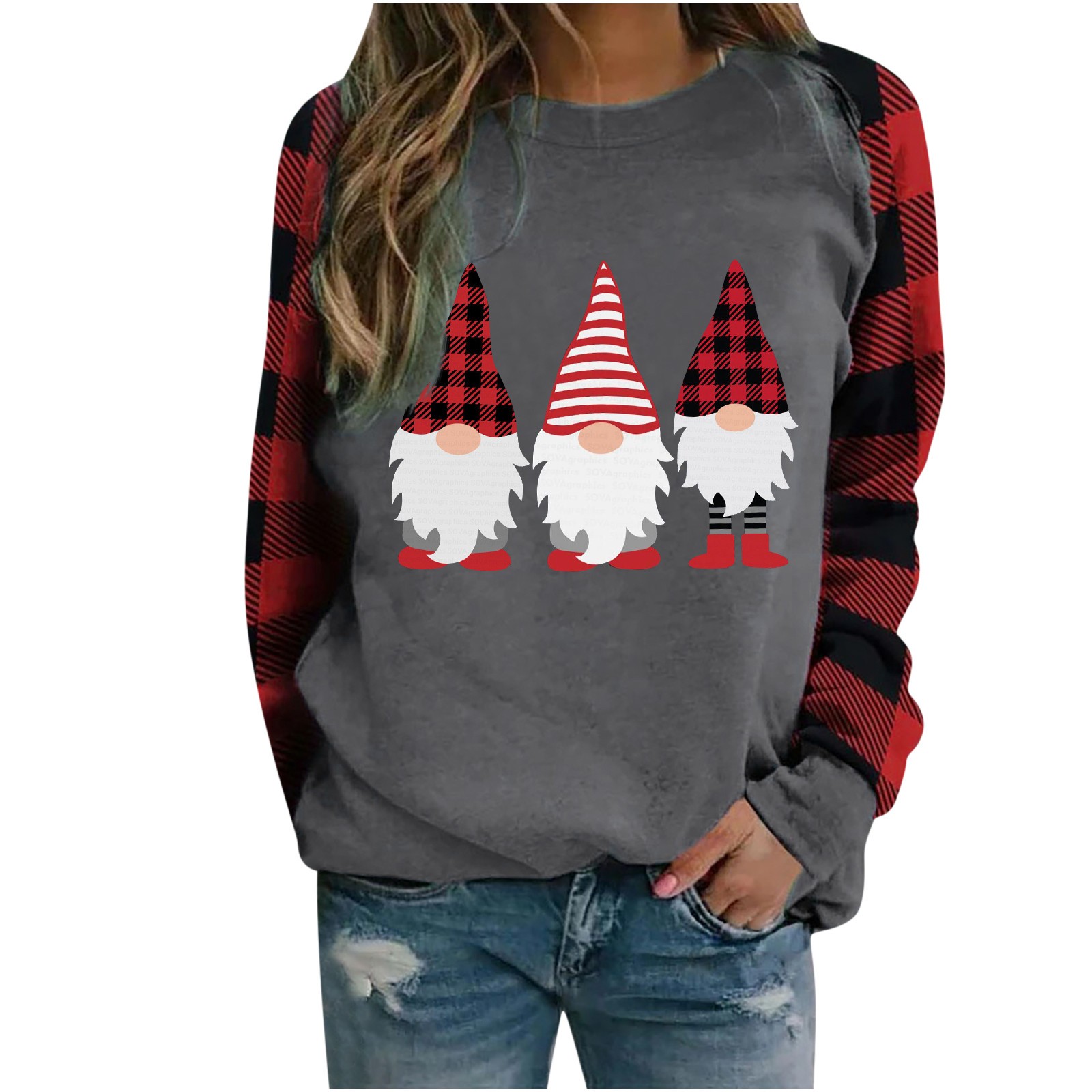 Plus Size Christmas Shirts for Women Plaid Raglan Long Sleeve Graphic