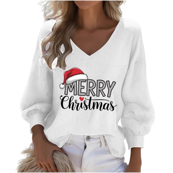 Plus Size Christmas Shirts for Women V Neck Merry Christmas Letter Print T-Shirt Xmas Holidays Basic Tee Tops