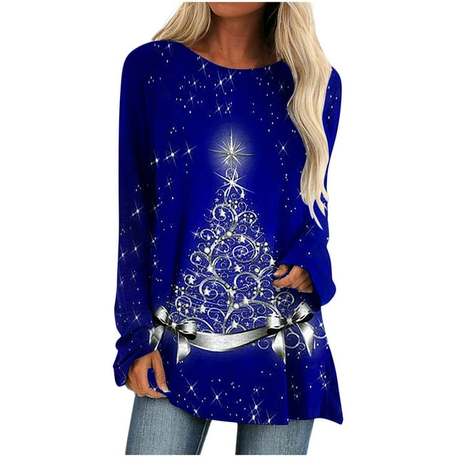 Plus Size Women's Xmas Tree Print Holiday Tops Long Sleeve Crewneck
