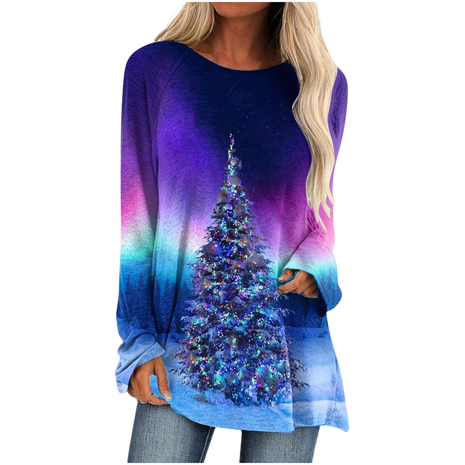 Plus Size Christmas Shirts for Women Xmas Tree Print Holiday Tops Long Sleeve Crewneck Tunic Blouses Walmart