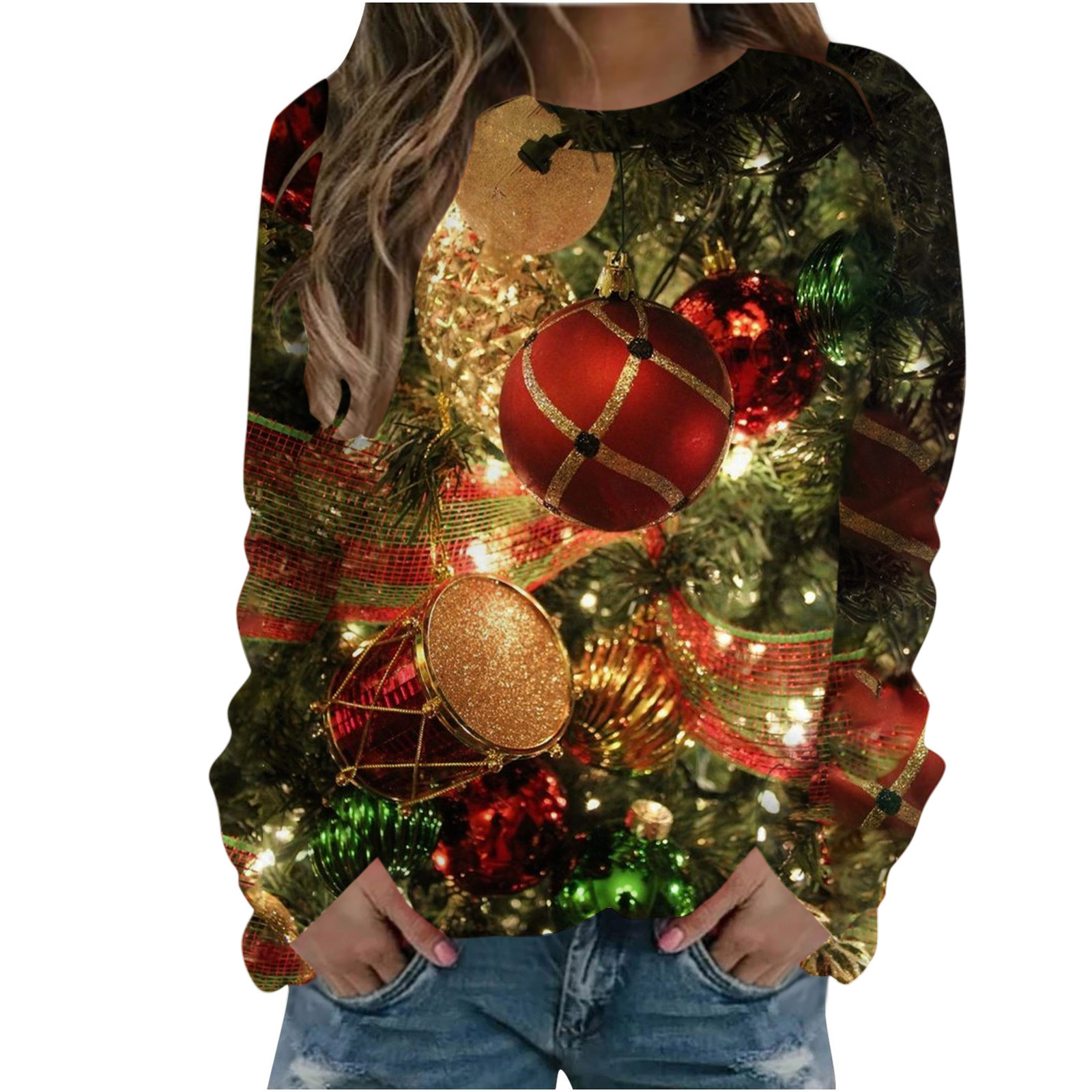 Plus Size Christmas Sweatshirts Holiday Outfit Long Sleeve Crew Neck Graphic Xmas Tree Printed