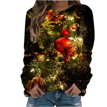 Plus Size Christmas Sweatshirts Holiday Outfit Long Sleeve Crew Neck Graphic Xmas Tree Printed Funny Pullover Tops 3x Large Gold