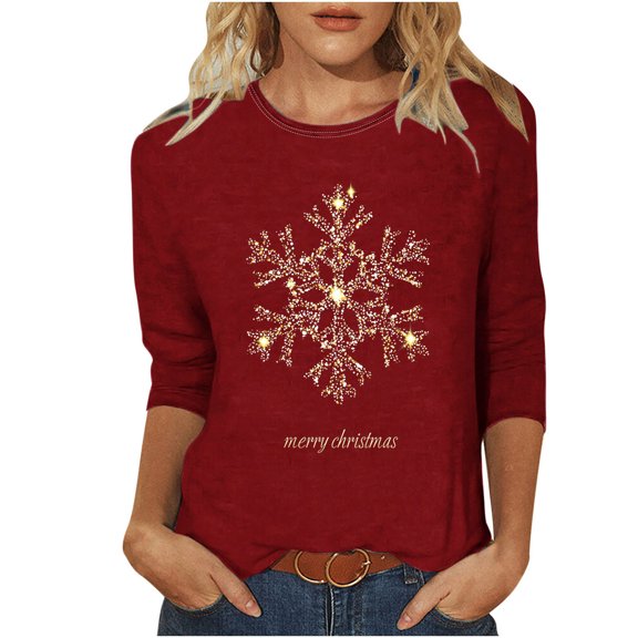 Plus Size Christmas Tops for Women Xmas Tree Stars Printed 3/4 Sleeve T Shirts Crew Neck Holiday Base Tees (2XL, Wine)