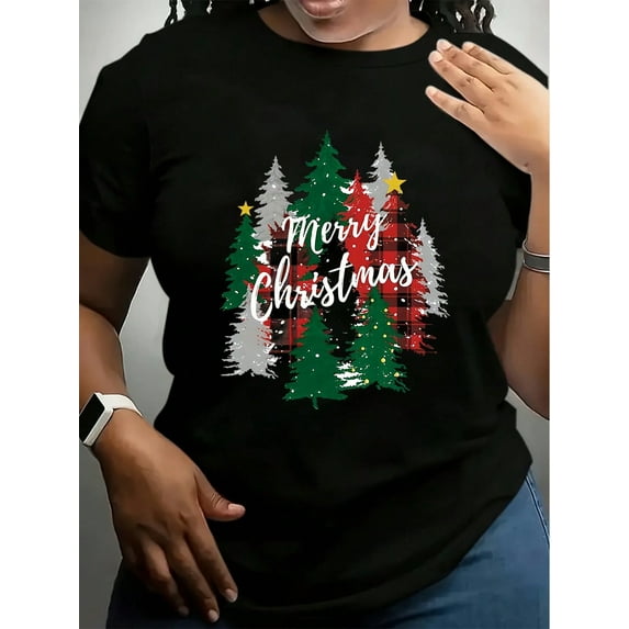 Plus Size Christmas Trees Print T-Shirt, Casual Crew Neck Short Sleeve Top, Women'S Plus Size Clothing