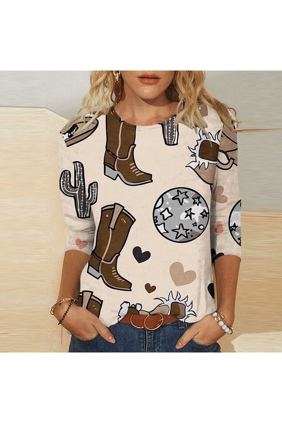 Plus Size Tops for Women YuXingFu Women's Fashion Printed Cowboy Boots Round Neck 3/4 Sleeve Graphic T-shirt Top