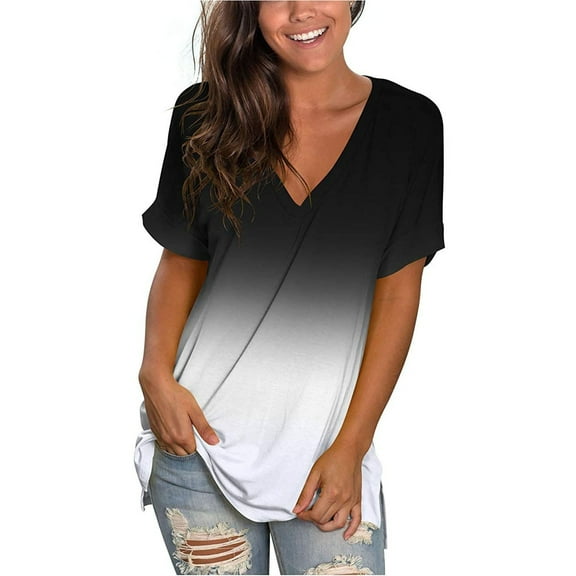Plus Size Tops under $10 Gradient V-neck Short Sleeve Loose Printing Casual T Shirts