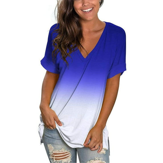 Plus Size Tops under $10 Gradient V-neck Short Sleeve Loose Printing Casual T Shirts
