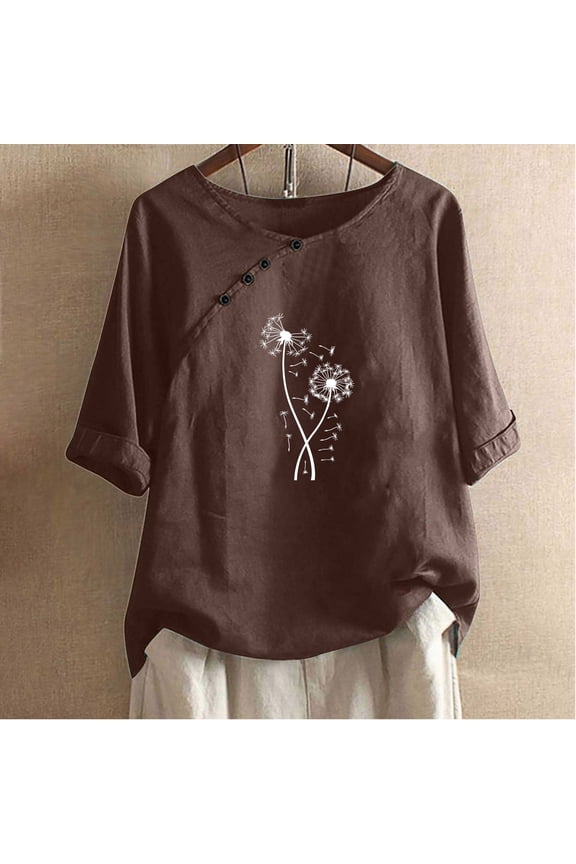 Plus Size Tops Round Neck Short Sleeves Buttons Printed Casual Tops