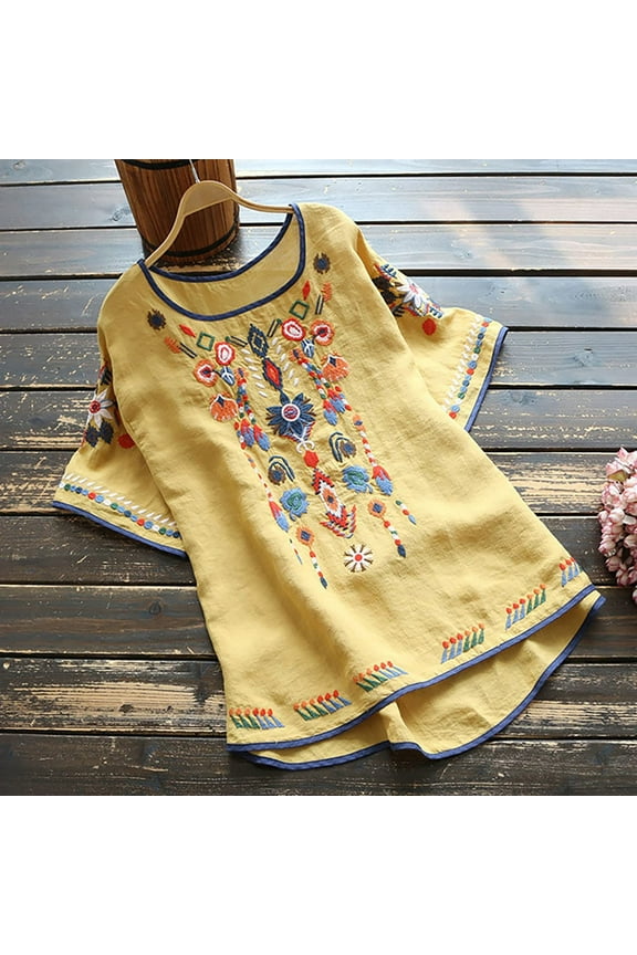 Plus Size Tops under $10 Short Sleeve Round Neck Cotton And Linen Embroidery Spring Summer Casual Loose Blouse