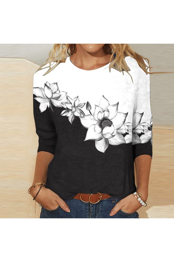 Plus Size Tops Three Quarter Sleeve Retro Round Neck Easter Printed Loose Blouse