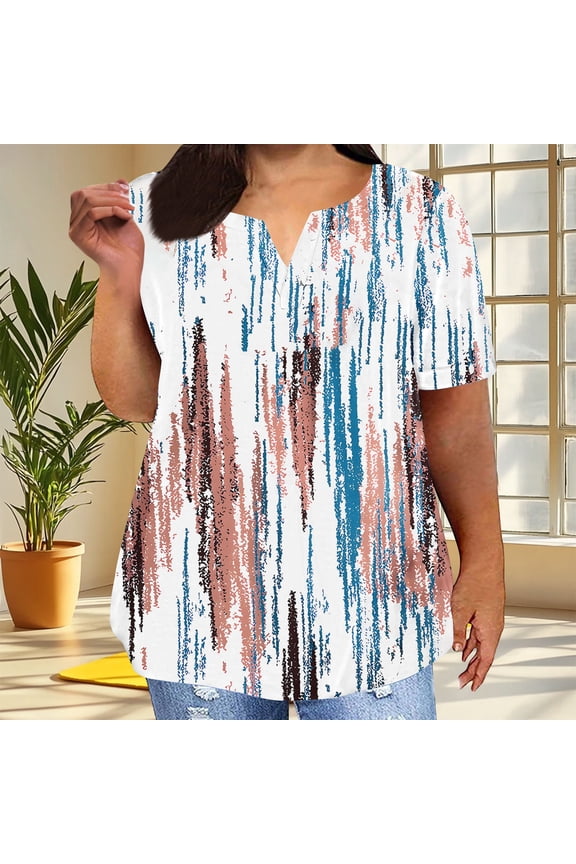 Plus Size Women Under $10 Fashionable And Loose V-Neck Blouse Casual Loose Short Sleeve Blouse Casual Tops