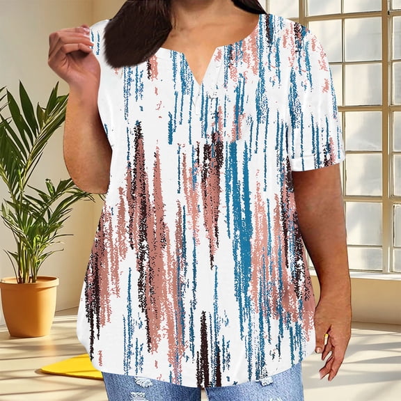 Plus Size Women Under $10 Fashionable And Loose V-Neck Blouse Casual Loose Short Sleeve Blouse Casual Tops