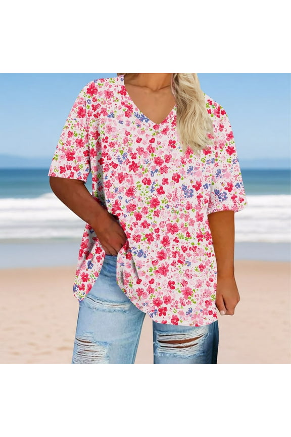 Plus Size Women's Tops Under $10 V-neck Short Sleeved Solid Summer Base Shirt Sports T-shirt