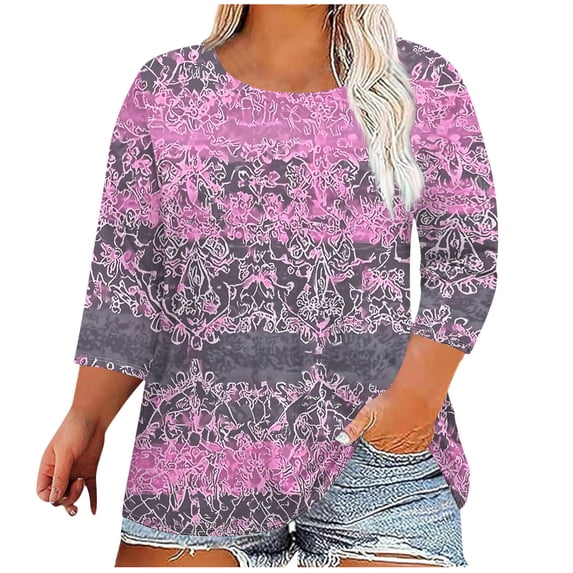 Plus Size Clothes for Women Fashion Women's Casual Print Round Neck 3/4 Sleeve T-Shirt Blouse Purple L