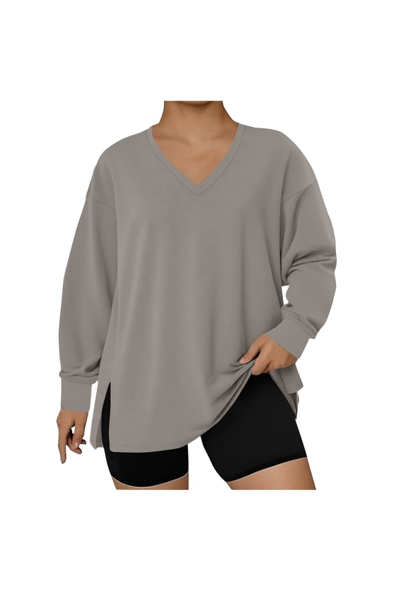 Plus Size Clothes for Women, Fashion Women's Plus-Size Solid Color Long-Sleeve V-Neck Pullover Fashionable Top with Split Hem, Plus Size Tops