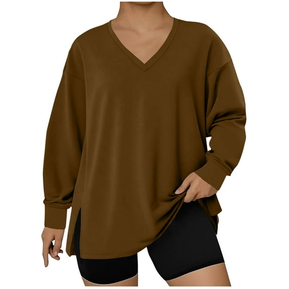 Plus Size Clothes for Women, Fashion Women's Plus-Size Solid Color Long-Sleeve V-Neck Pullover Fashionable Top with Split Hem, Plus Size Tops