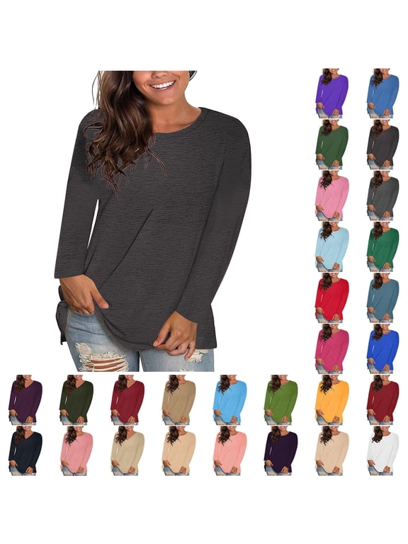 Plus Size Clothes for Women Sawvnm Women's Fashion Solid Loose Long Sleeve T-shirt Pullover Tops