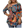 thumbnail image 1 of Plus Size Clothes for Women Vintage Printed T Shirts 3/4 Sleeve Length Womens Tops Crew Neck Casual Work Tops Beach Vacation Outfits, 1 of 6