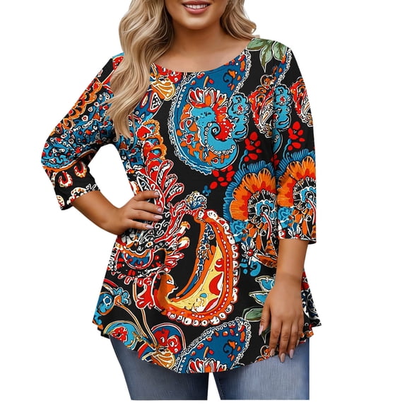 Plus Size Clothes for Women Vintage Printed T Shirts 3/4 Sleeve Length Womens Tops Crew Neck Casual Work Tops Beach Vacation Outfits