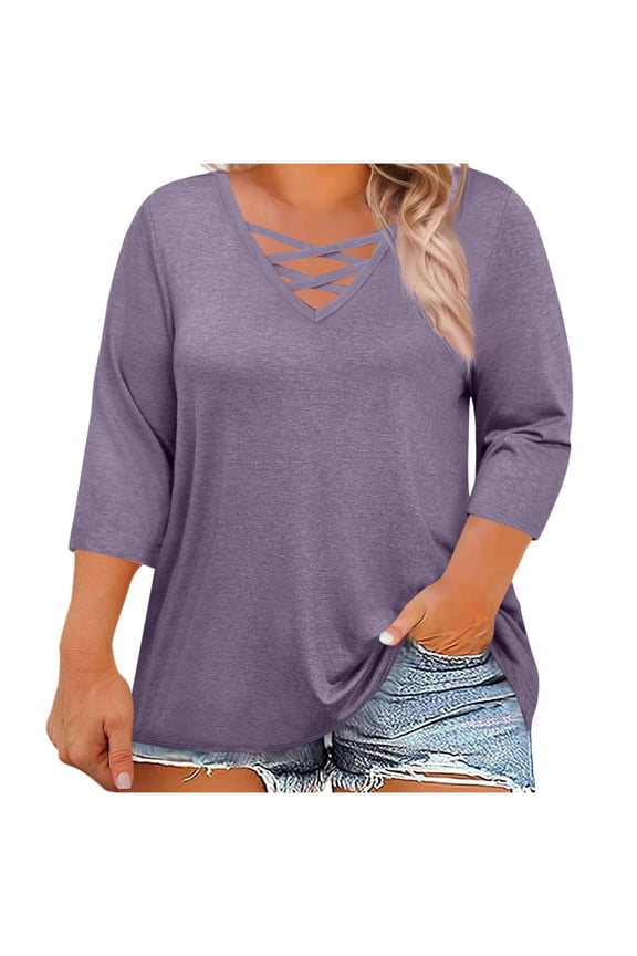 Plus Size Clothes for Women, Women's Fashion Plus-Size Casual Solid Color 3/4-Sleeve Pullover Top, Autumn & Winter Style, Plus Size Tops