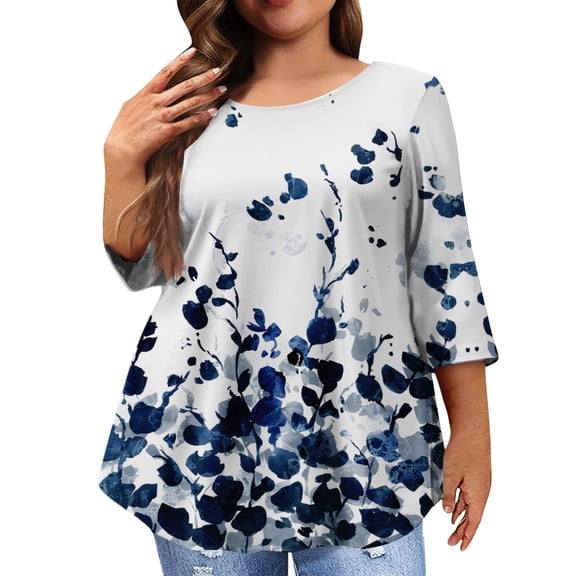 Plus Size Clothing for Women Fall 3/4 Sleeve Oversize Tee Dressy Casual Crew Neck Tops Floral Printed Loose Fit Shirts