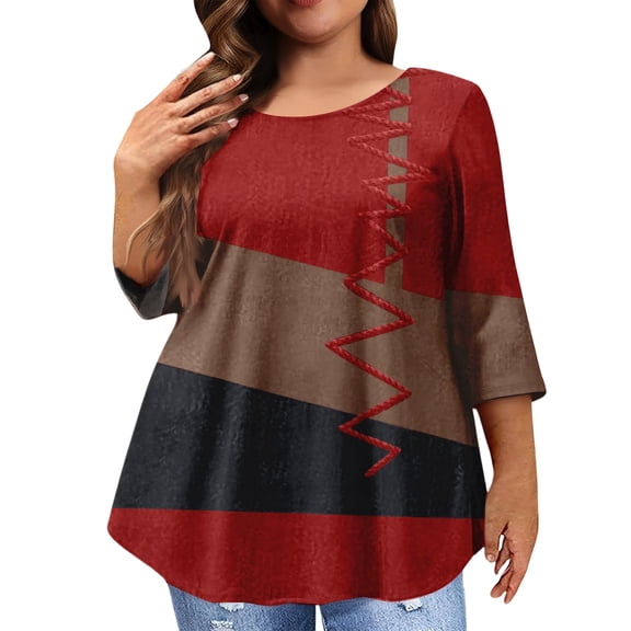 Plus Size Clothing for Women Fall Round Neck 4x-5x Tee Tops Casual 3/4 Length Sleeve Tee Floral Printed Loose Fit Shirts