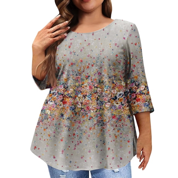 Plus Size Clothing for Women Spring 3/4 Sleeve Oversize Tee Tops Dressy Crewneck Tee Floral Printed Loose Shirts