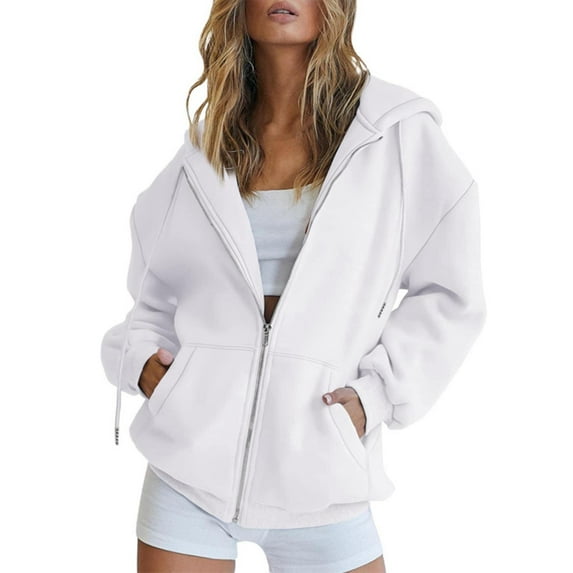 Plus Size Coat 2025 Women's Fall Jacket Oversized Pocket Sweatshirt Casual Drawstring Clothing Zipper Track Jacket Solid Color Long Sleeve Hooded Top