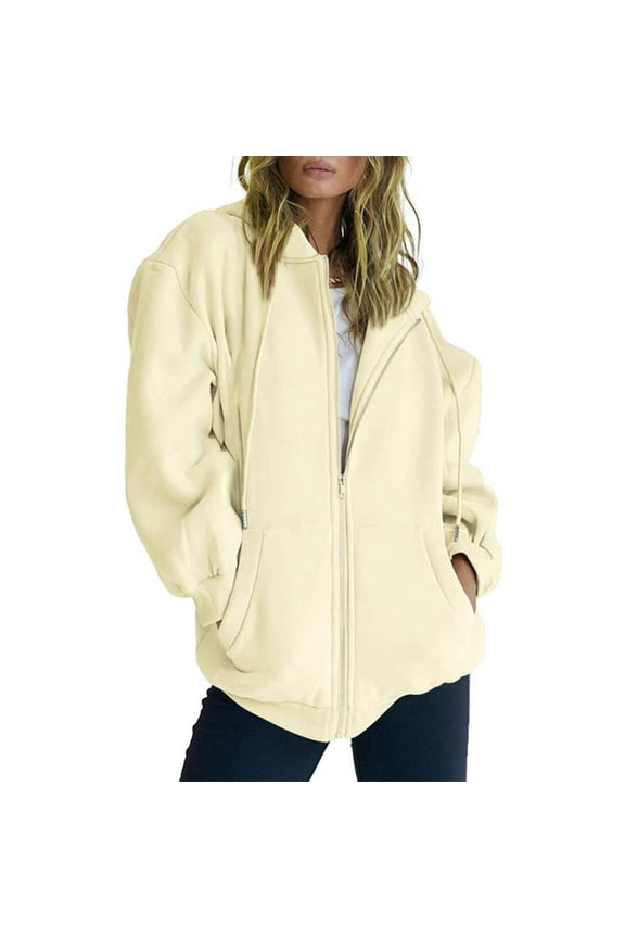 Plus Size Coat 2025 Women's Fall Jacket Oversized Pocket Sweatshirt Casual Drawstring Clothing Zipper Track Jacket Solid Color Long Sleeve Hooded Top